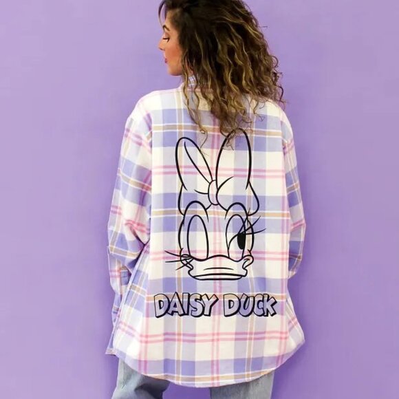 Cakeworthy x Disney Daisy Duck Flannel Shirt Womens Large White Purple Plaid - Picture 1 of 13